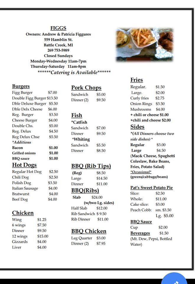 Menu at Figgs Fast Food, Battle Creek