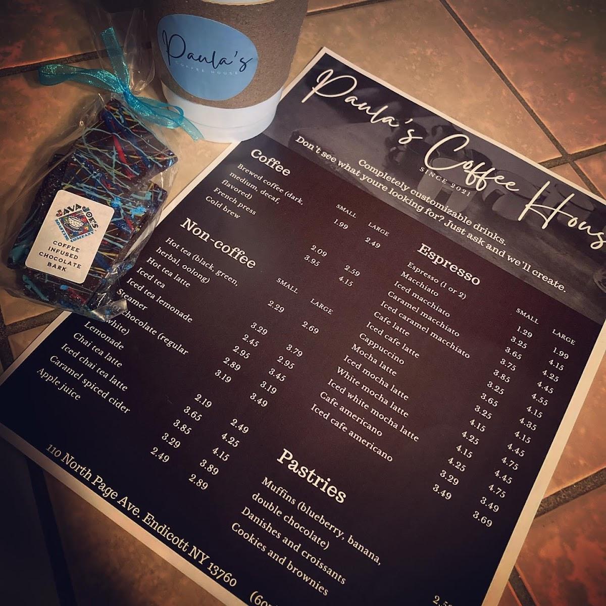 Menu at Paula’s Coffee House, Endicott