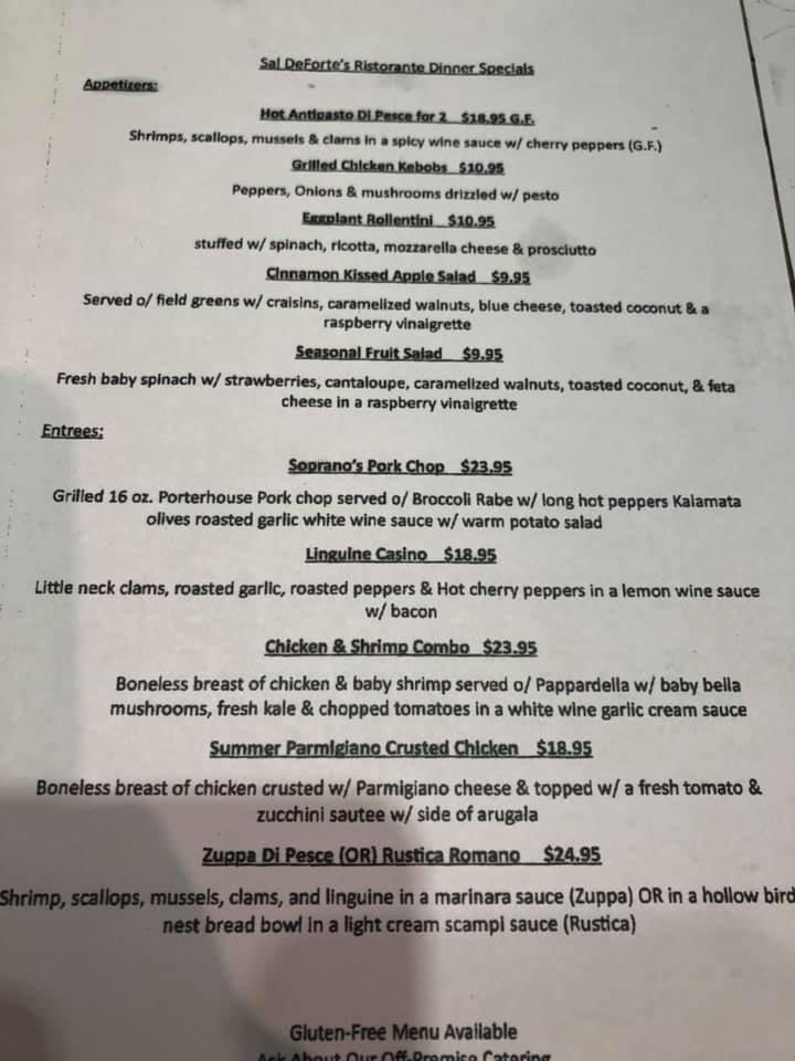 Menu at Sal De Forte's restaurant, Ewing Township