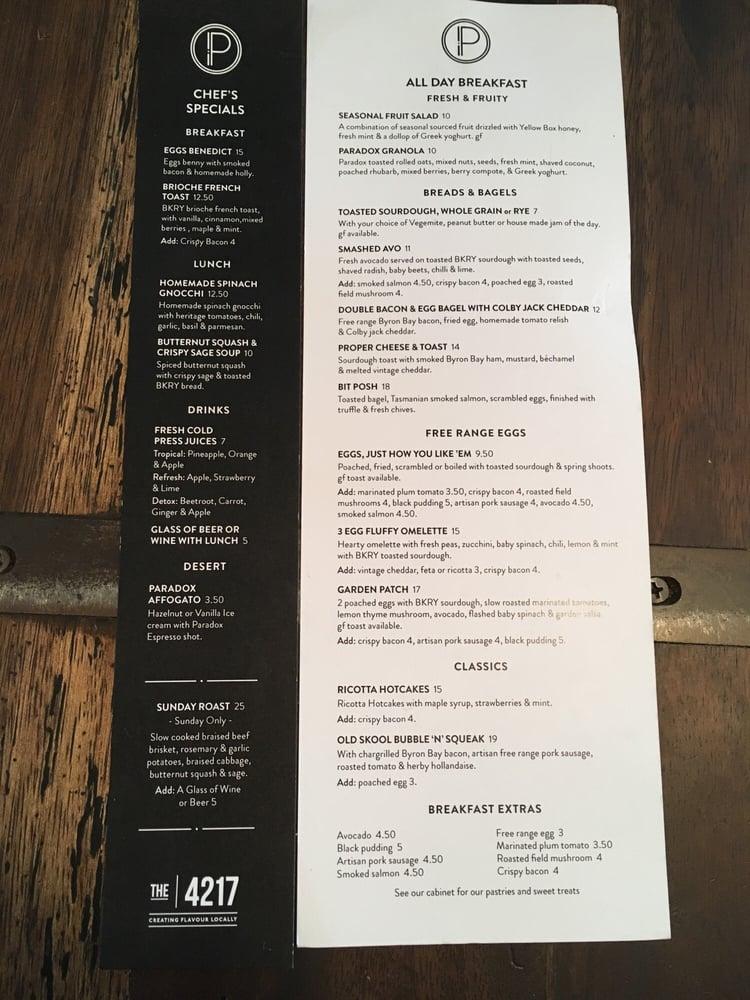 Menu at Paradox Coffee Roasters cafe, Surfers Paradise