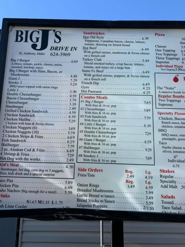 Menu at Big J's Pizza & Burgers pizzeria, Saint Anthony