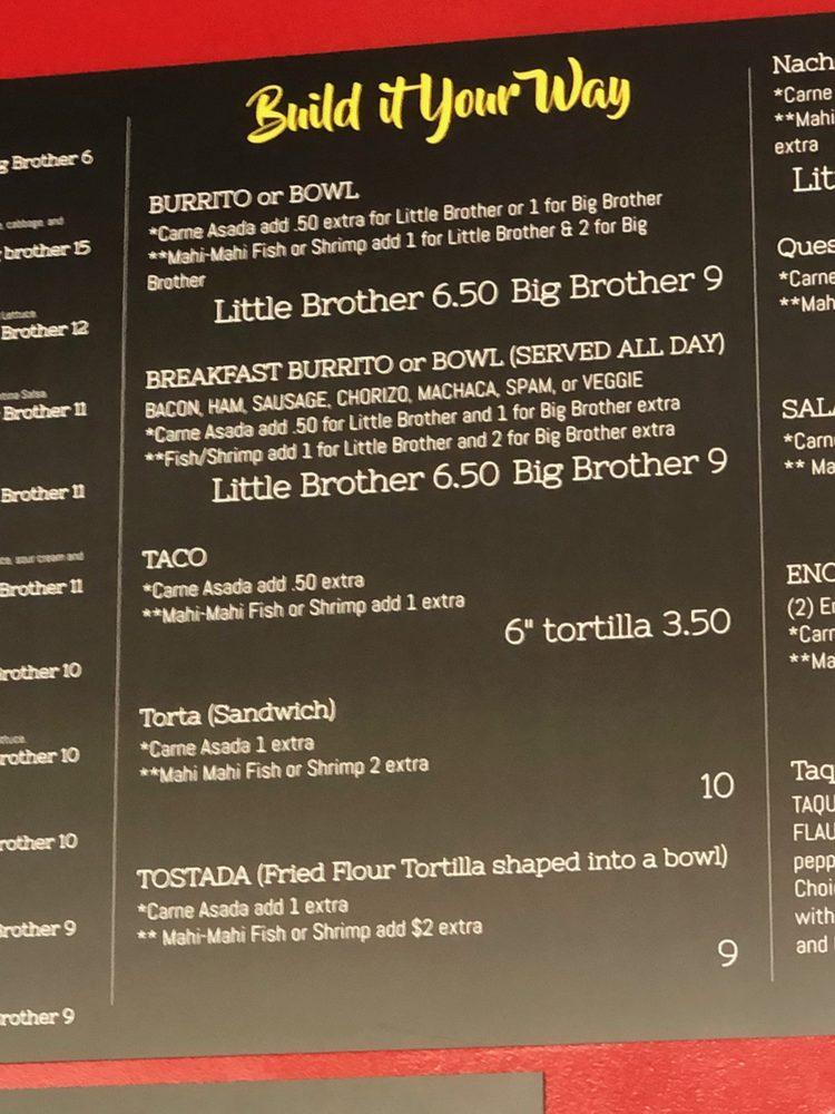 Menu at Burrito Brothers restaurant, Yorba Linda