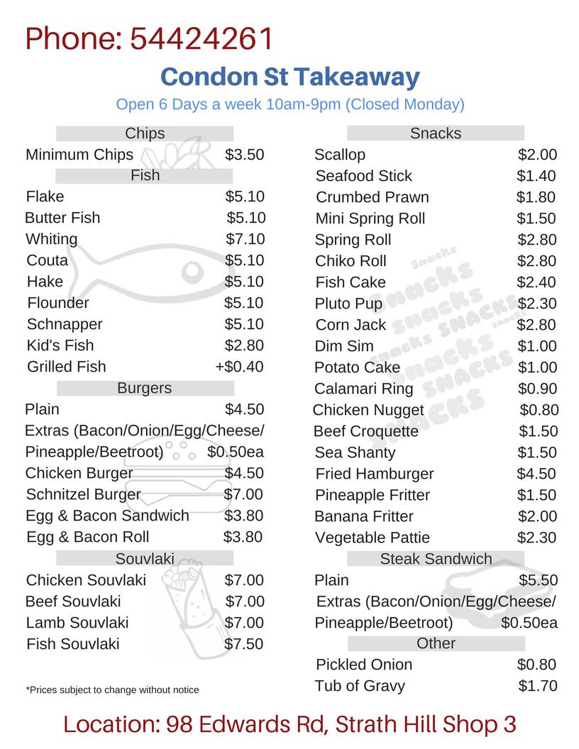 Menu at Condon Street Takeaway fast food, Bendigo