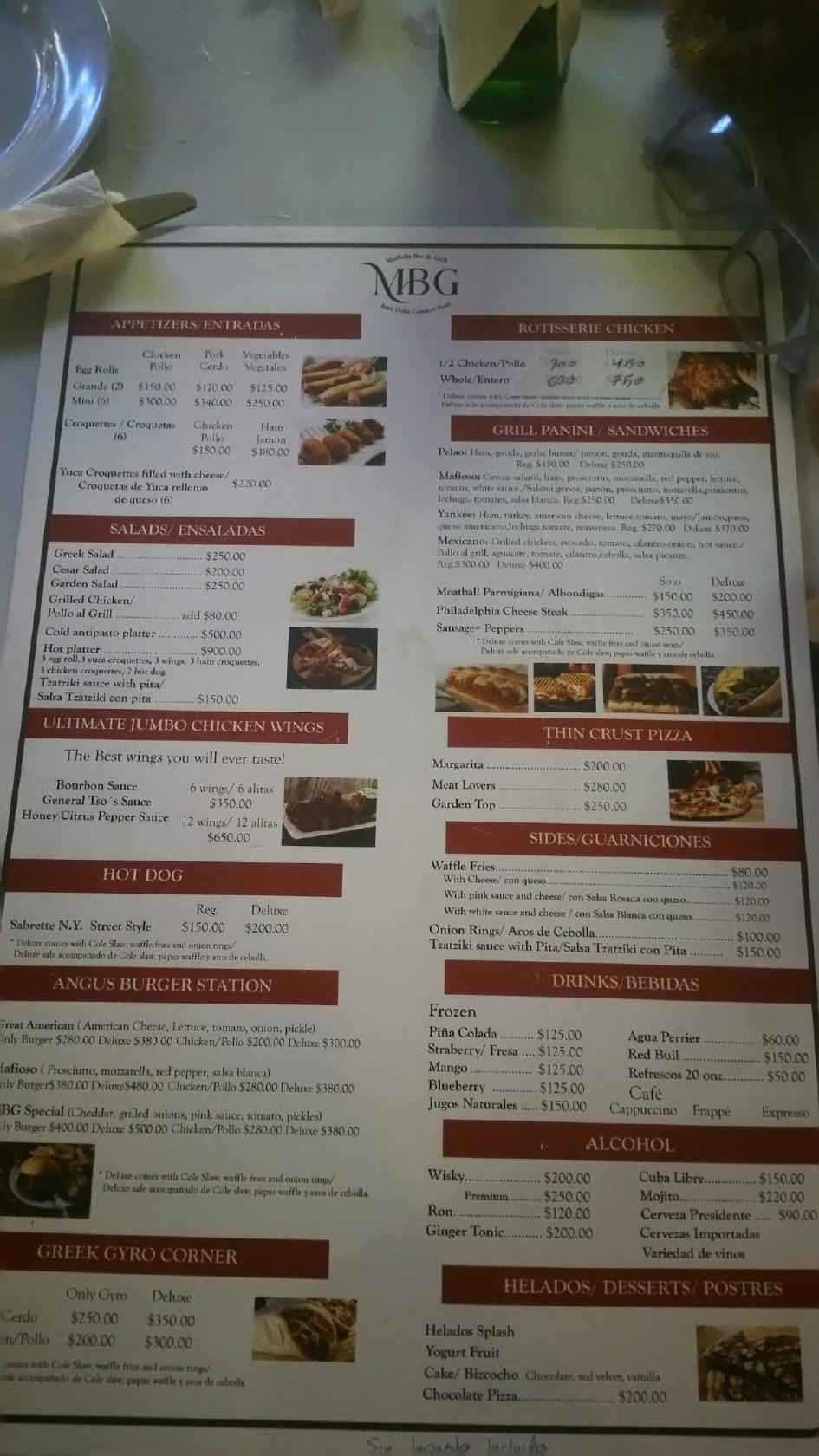 Carta de Marbella Bar & Grill, Playa Juan Dolio, CJH4+3JF