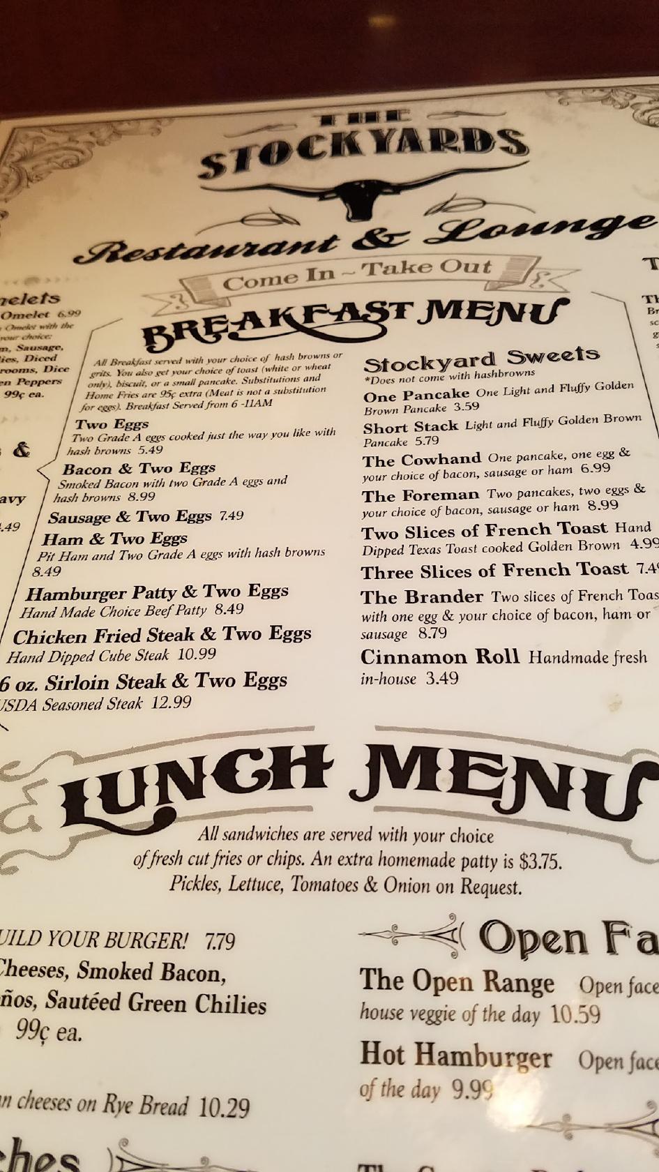 Menu at The Stockyards cafe, Delta