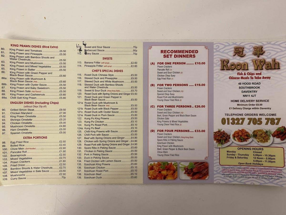 Menu at Koon Wah Chinese Takeaway fast food, Daventry