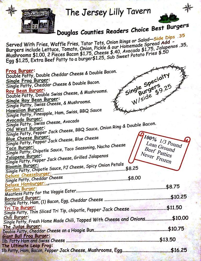Menu at Jersey Lilly pub & bar, Roseburg