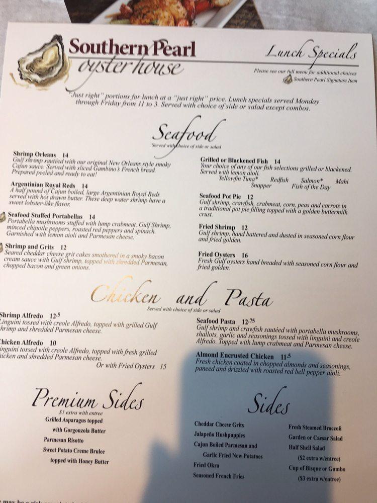 Menu at Southern Pearl Oyster House restaurant, Baton Rouge