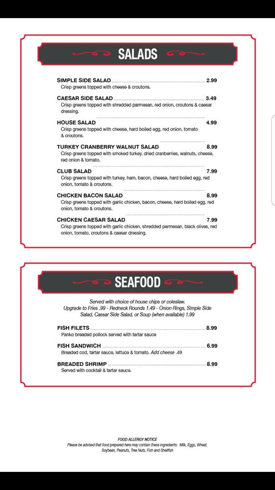 Menu at Rudolph's Redneck Roost pub & bar, Holdingford