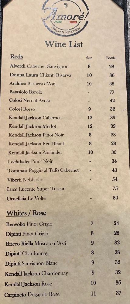 Menu at Amore! Italian Kitchen restaurant, Indianapolis