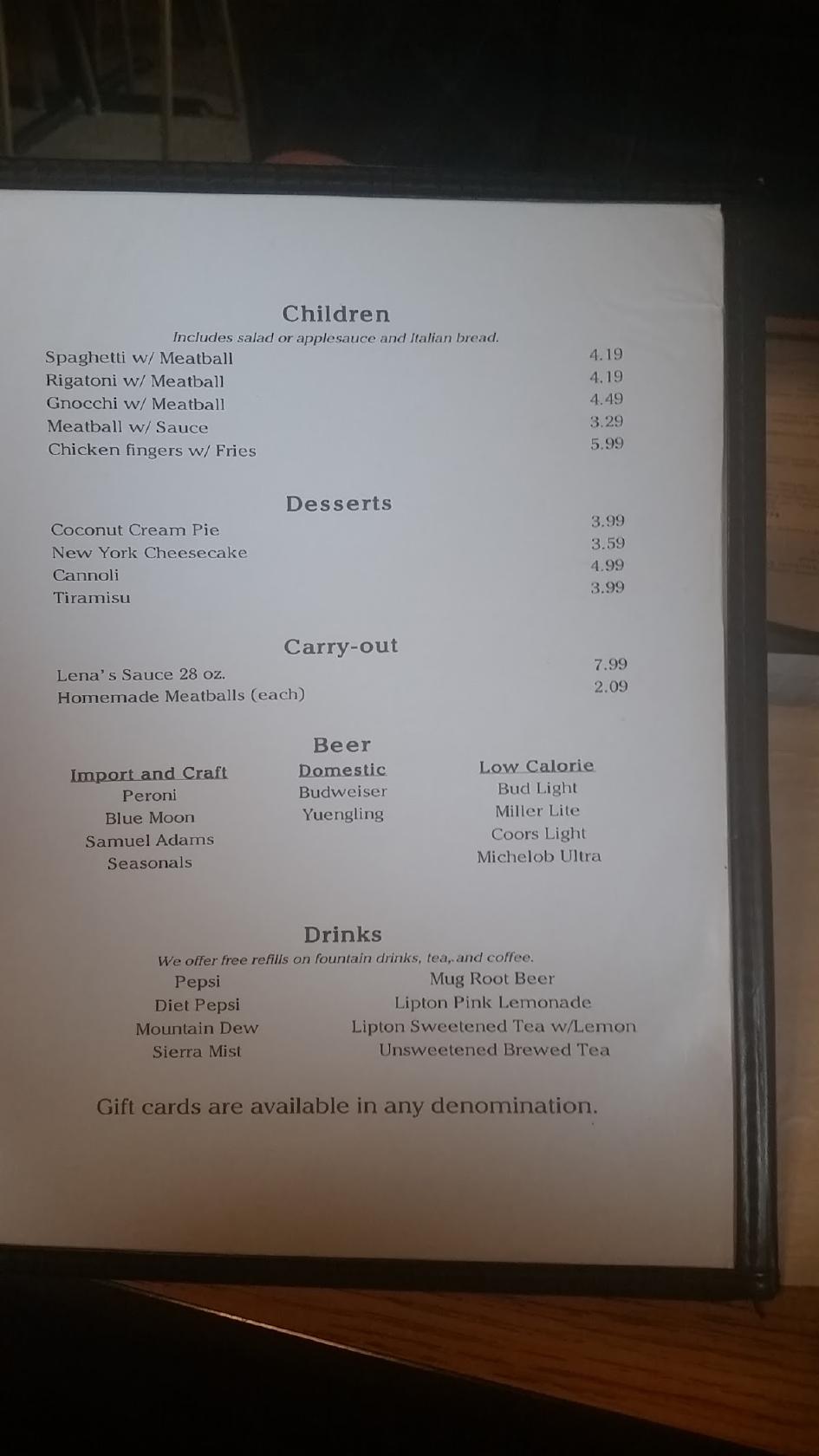 Menu at Lena's Cafe, Altoona