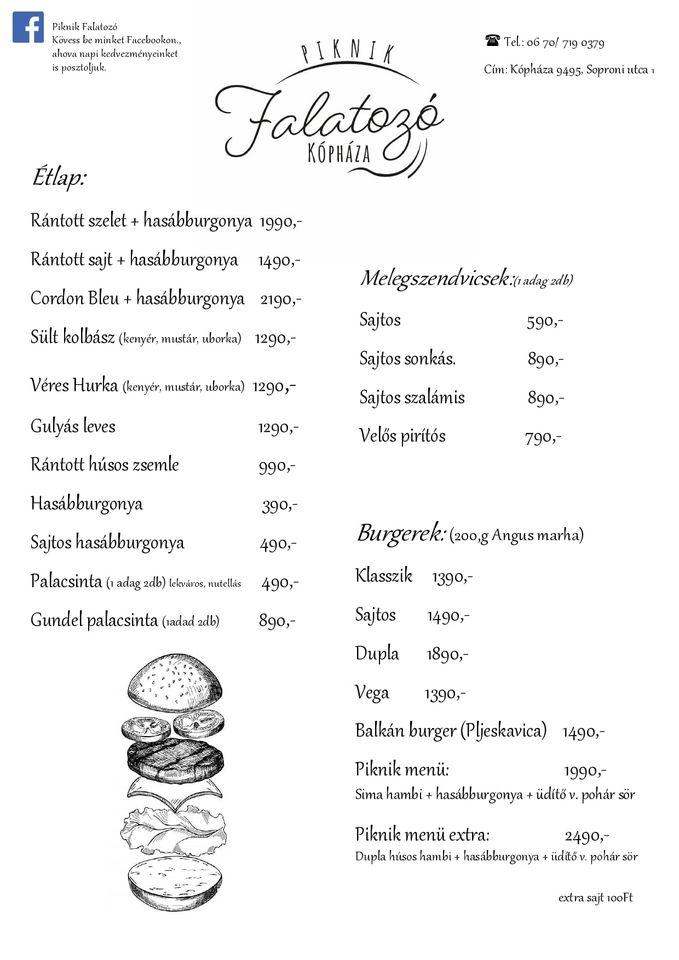 Menu at Piknik Falatozó restaurant Kópháza