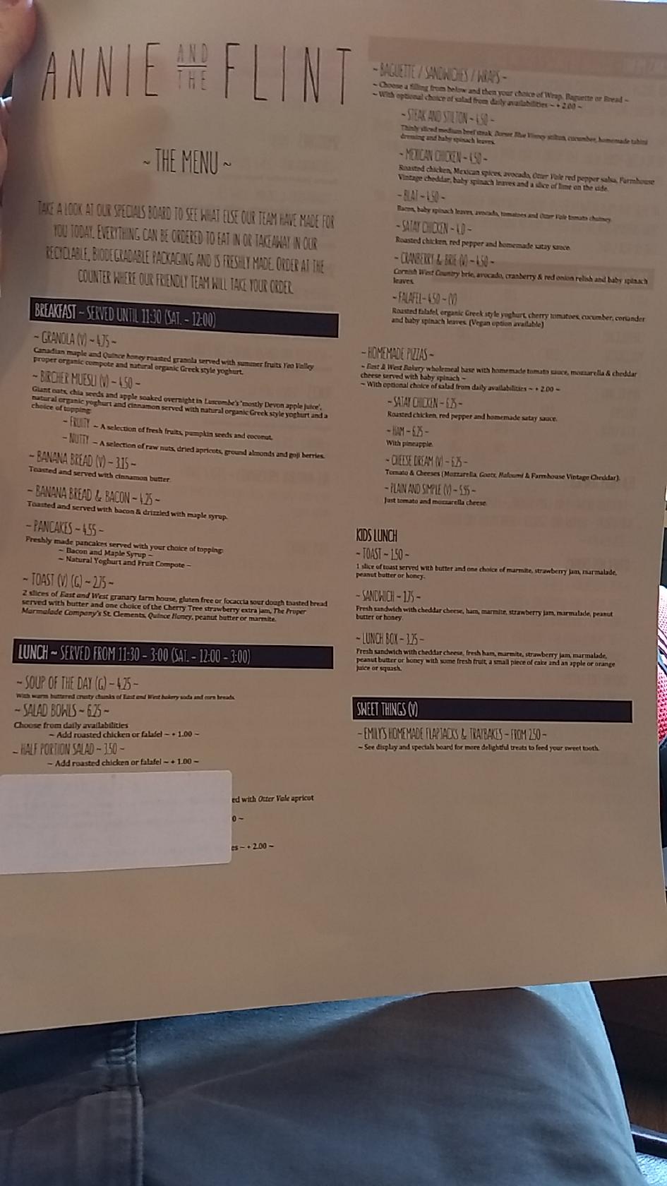 Menu at Annie and the Flint cafe,