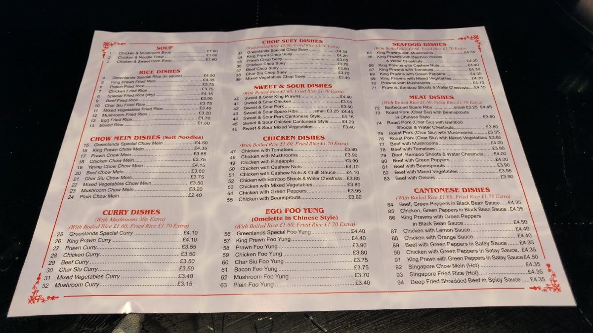 Menu at Greenlands Chinese Take Away fast food, Redditch