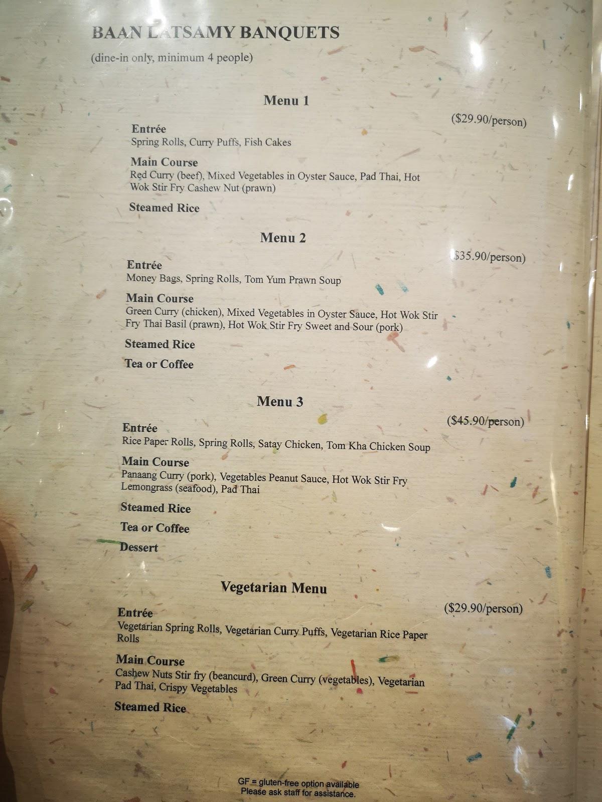 Menu at Baan Latsamy Restaurant, Griffith