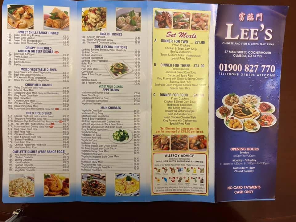 Menu at Lee's Fish & Chips and Chinese Take Away fast food, Cockermouth