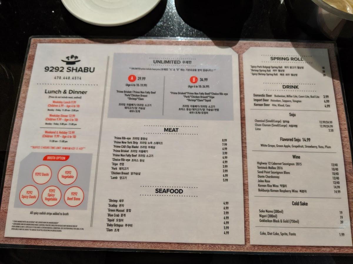 Menu at 9292 Shabu Healthy Korean restaurant, hot pot Duluth, GA