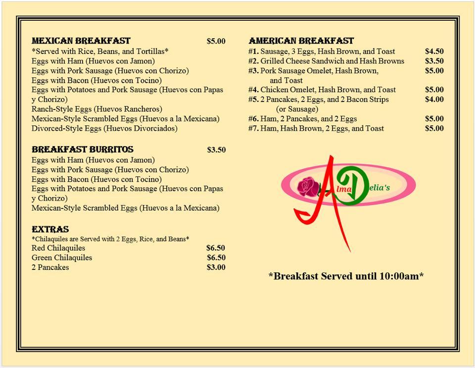 Menu at Alma Delia's Restaurant, La Puente