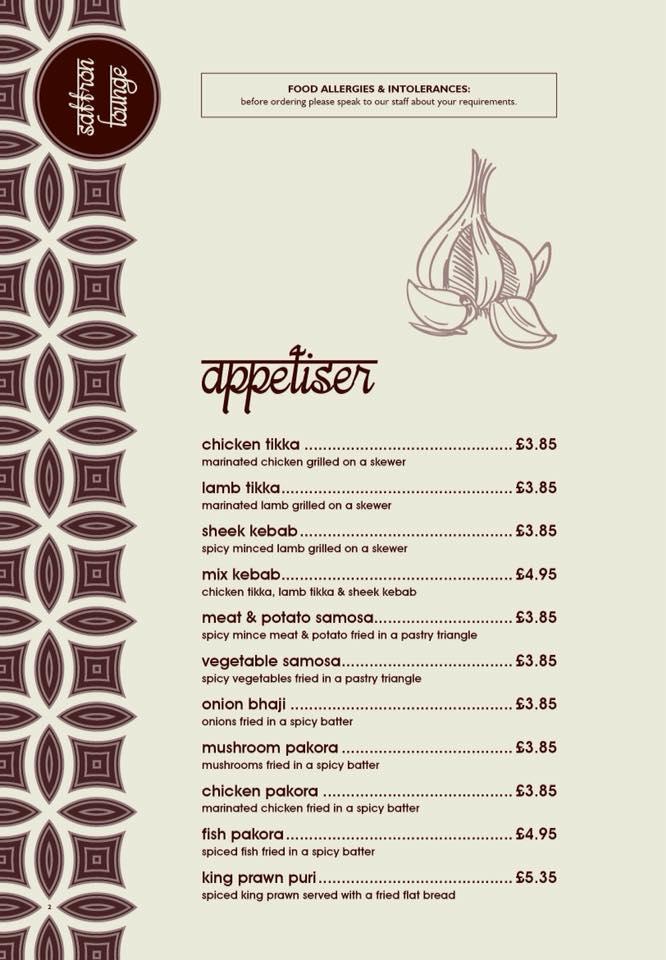 Menu at Saffron Lounge restaurant, Willerby