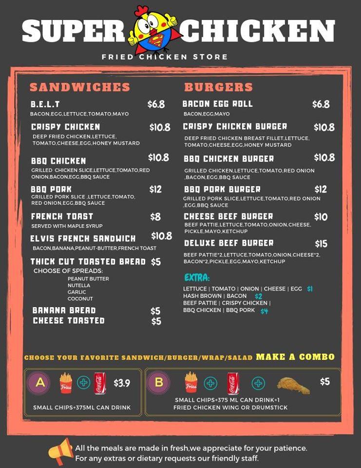 Menu at SUPERCHICKEN restaurant, Shepparton