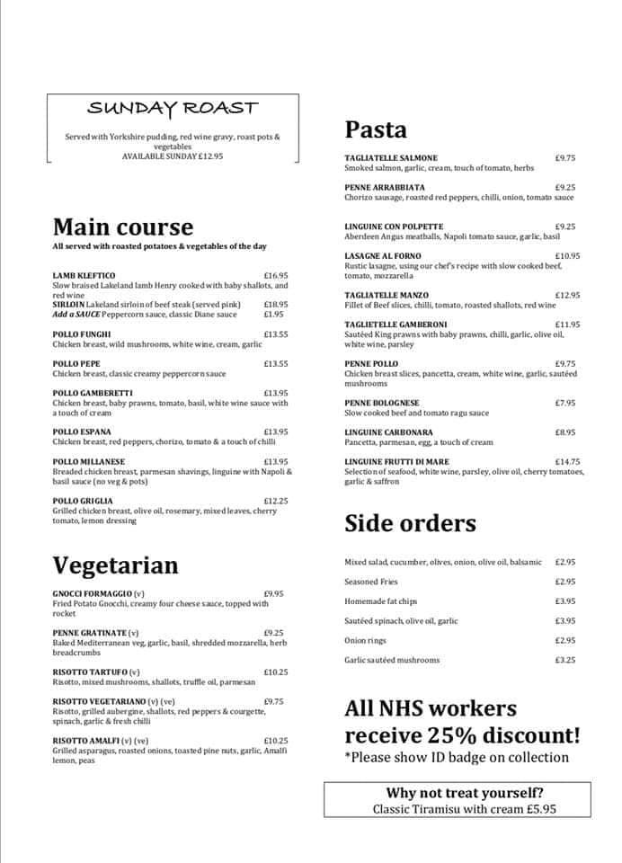 Menu at San Marino restaurant, Bolton