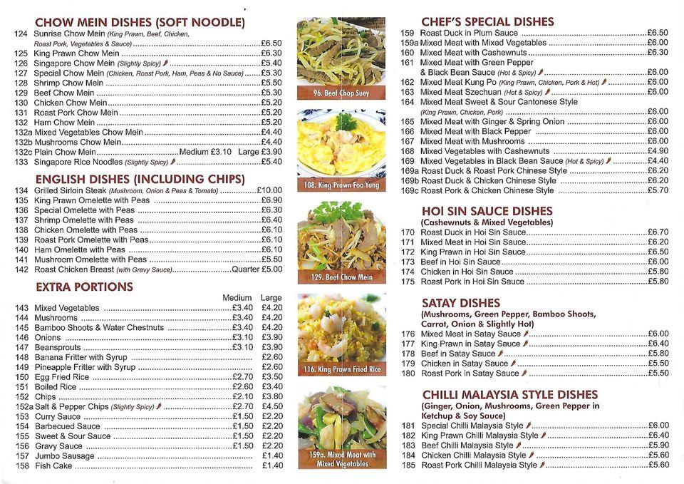 Menu at Sunrise Chinese Takeaway fast food, Clowne, 87 North Rd