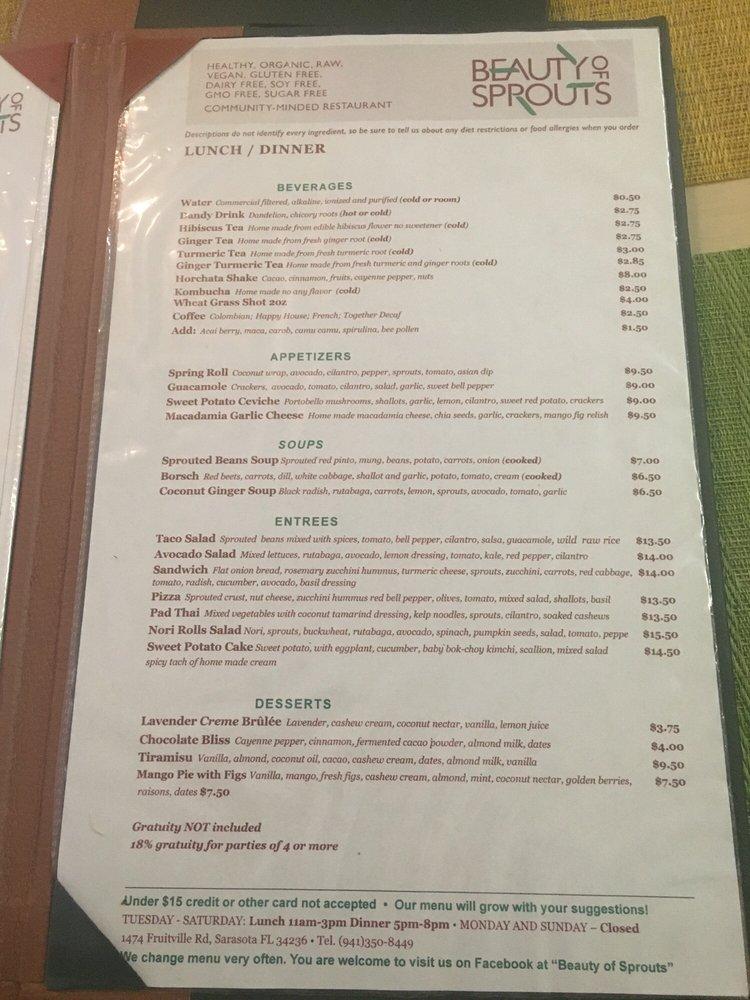 Menu at "Beauty of Sprouts" Vegan Organic Restaurant, Sarasota