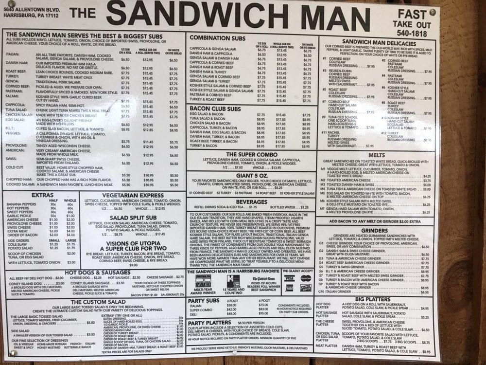 Menu at Sandwich Man restaurant, Paxtonia, Allentown Blvd