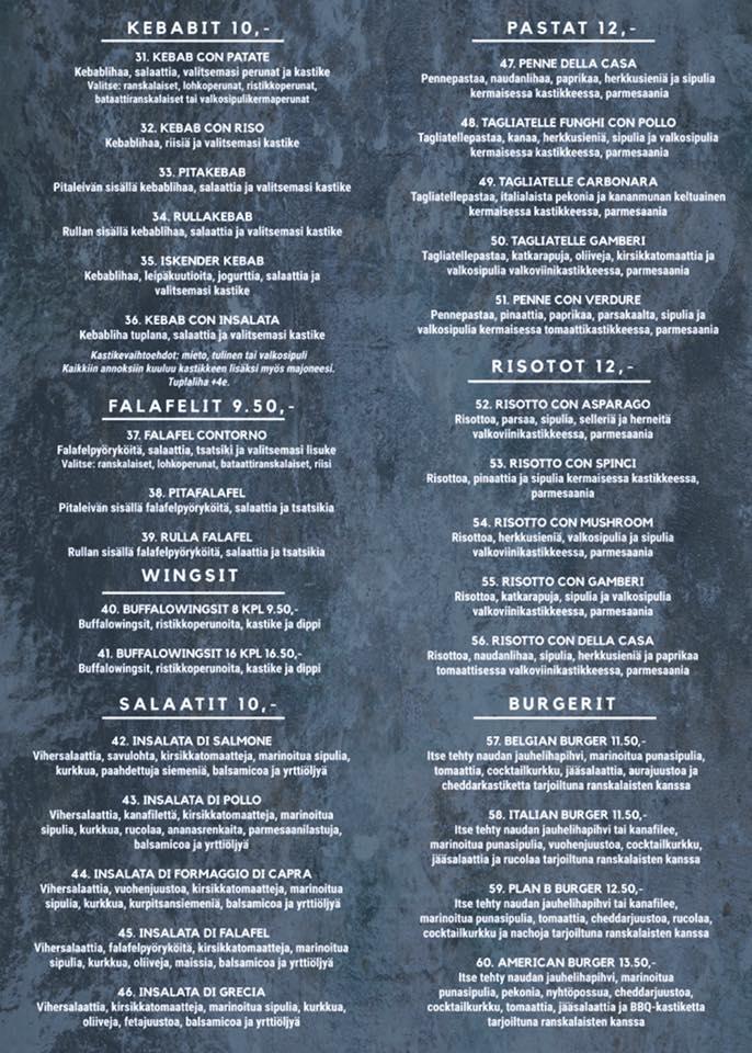 Menu At Plan B Restaurant, Oulu