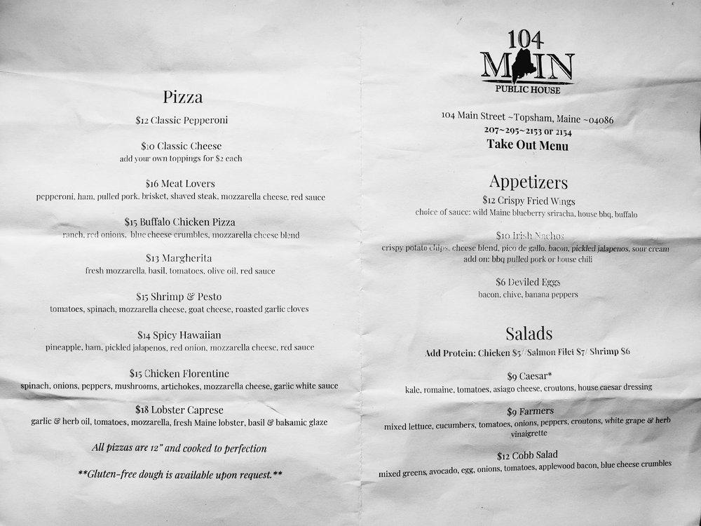 Menu at 104 Main Public House, Topsham