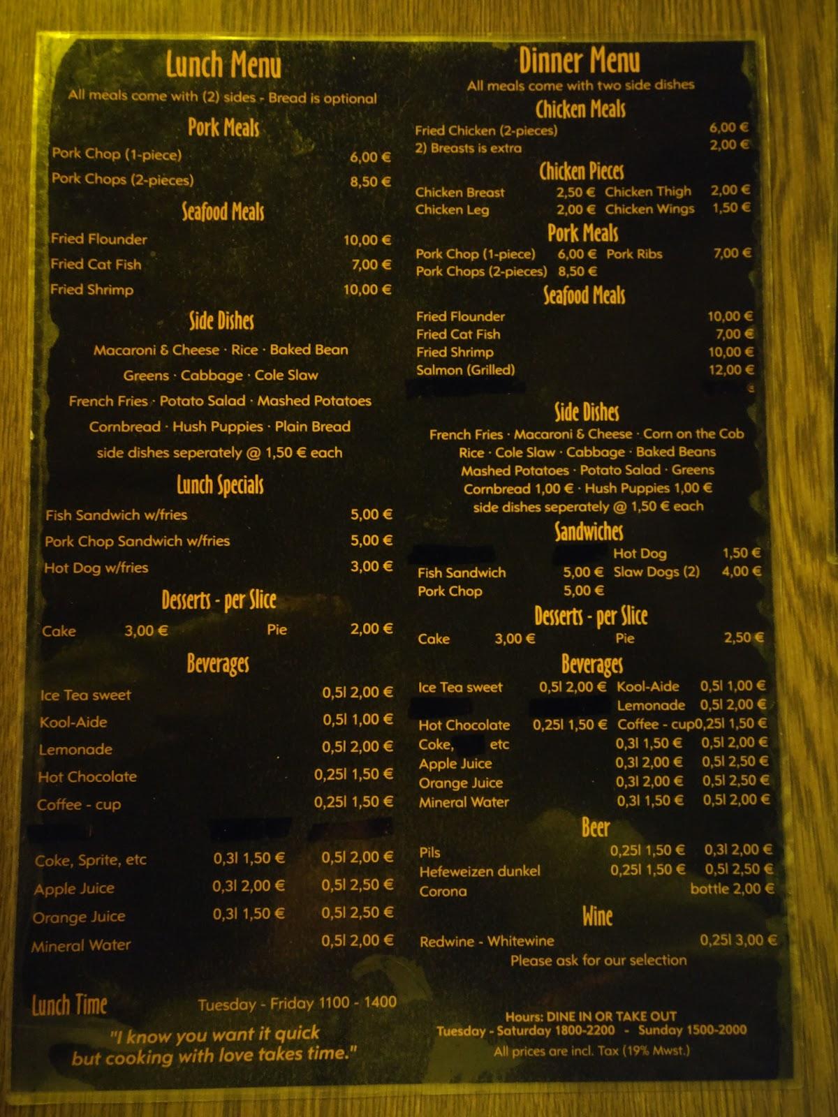 Menu at Angelo's Soul Food Joint restaurant, Vilseck