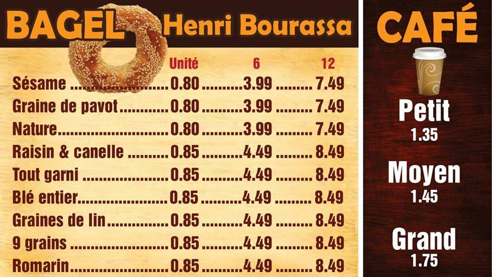 Menu at Bagel HenriBourassa restaurant, Montreal