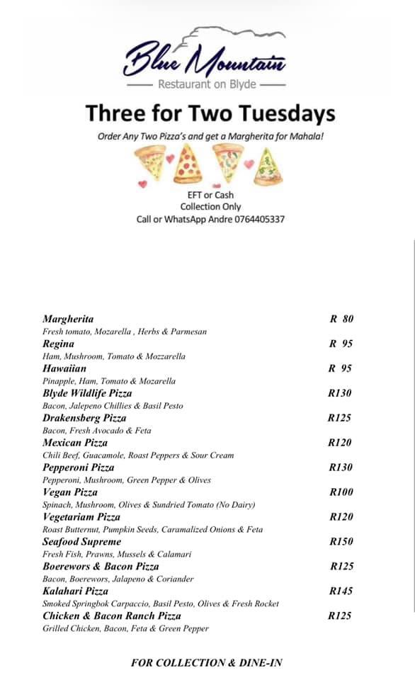 Menu at Blue Mountain Restaurant, South Africa, Stand 1 Blyde Wildlife
