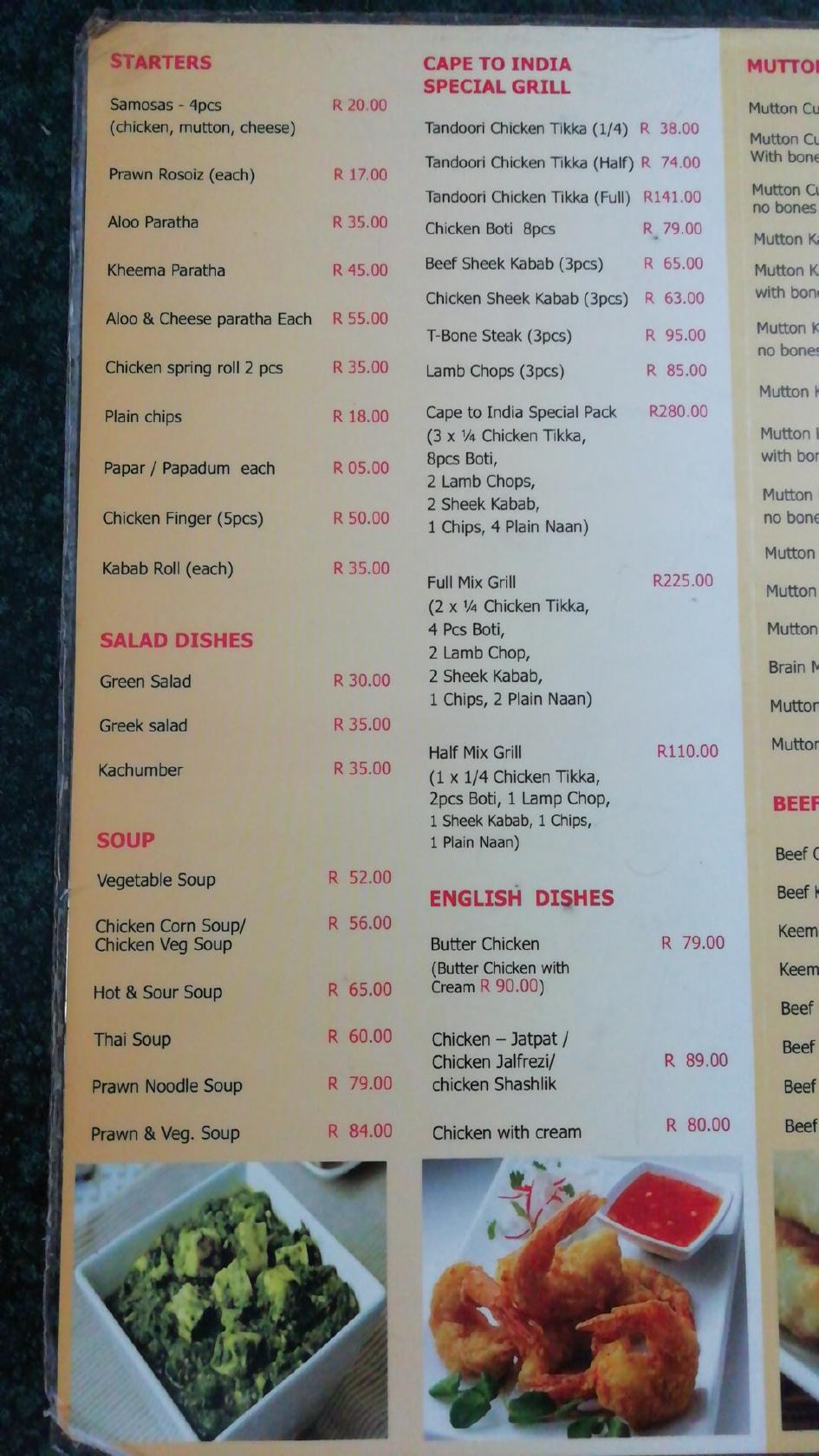 Menu at Cape To India RestaurantGatesville, Cape Town, Gateway Centre