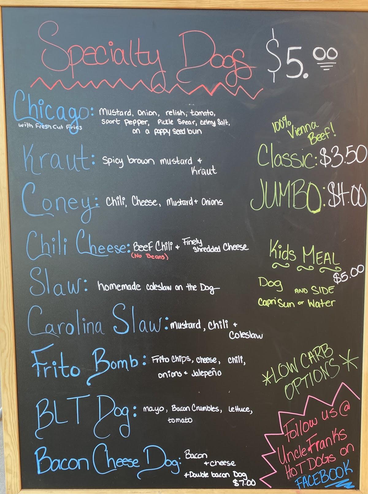 Menu at Uncle Franks Hot Dogs restaurant, Port Charlotte