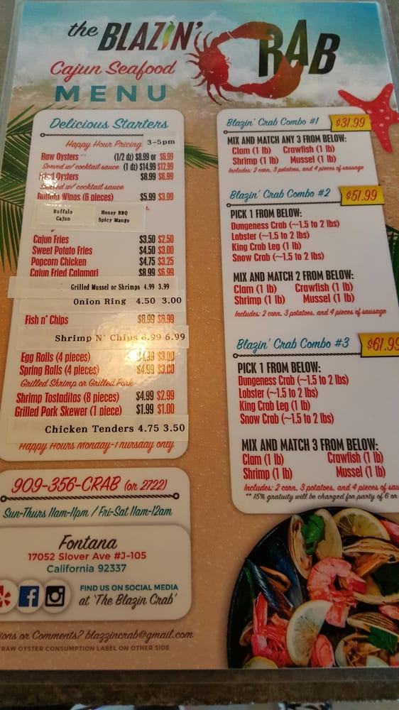 Menu at Blazin' Crab Fontana pub & bar, Fontana