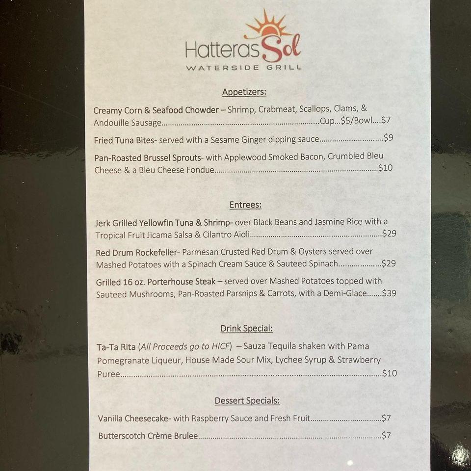 Menu at Hatteras Sol Waterside Grill restaurant, Hatteras