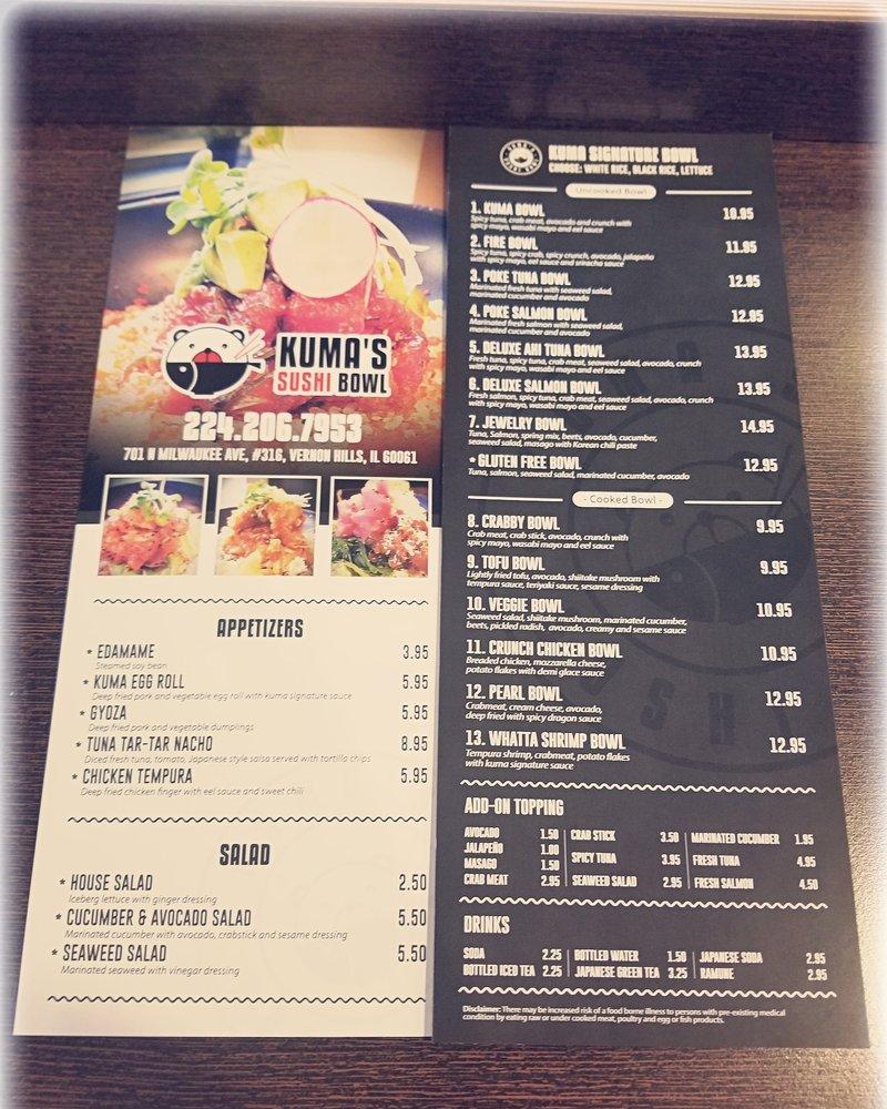 Menu at Kuma's sushi bowl restaurant, Vernon Hills