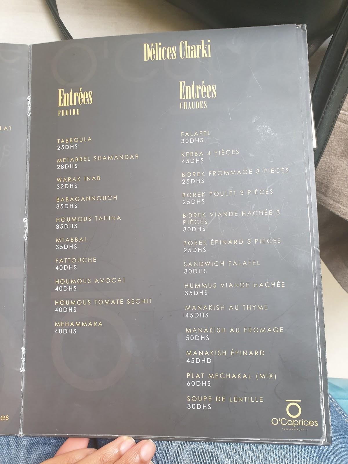 Menu au O'Caprices Rabat restaurant, Rabat