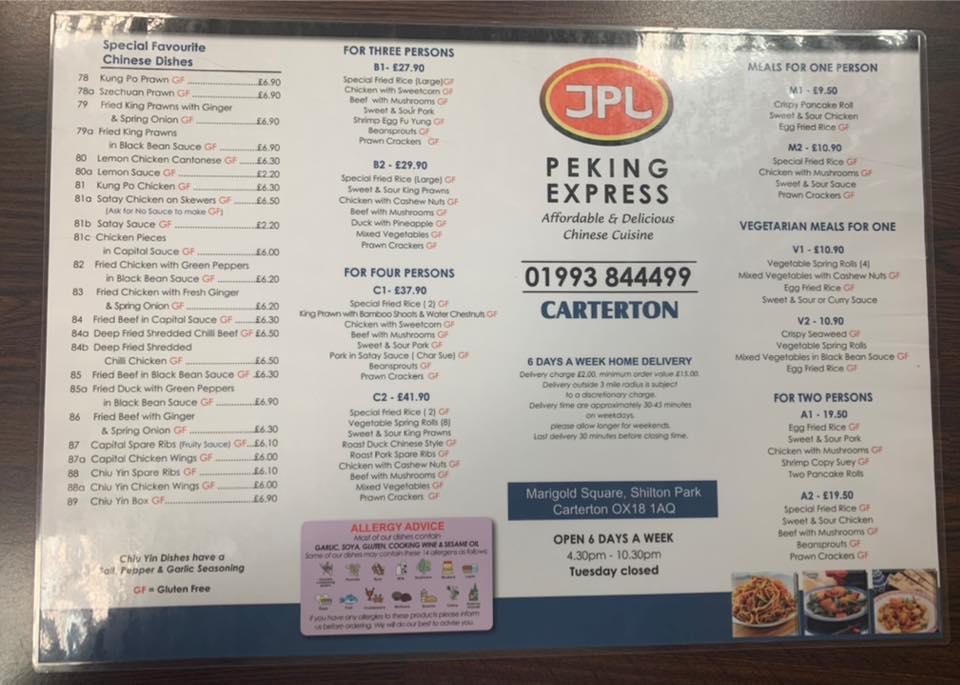 Menu at JPL Peking Express fast food, Carterton