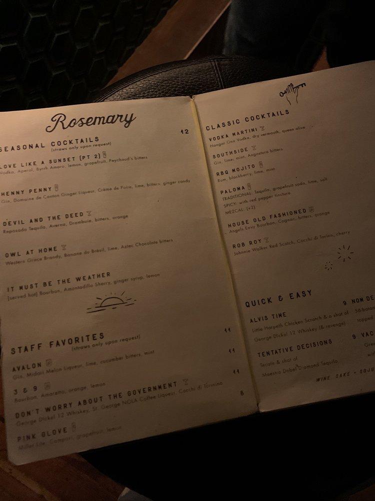 Menu at Rosemary & Beauty Queen pub & bar, Nashville