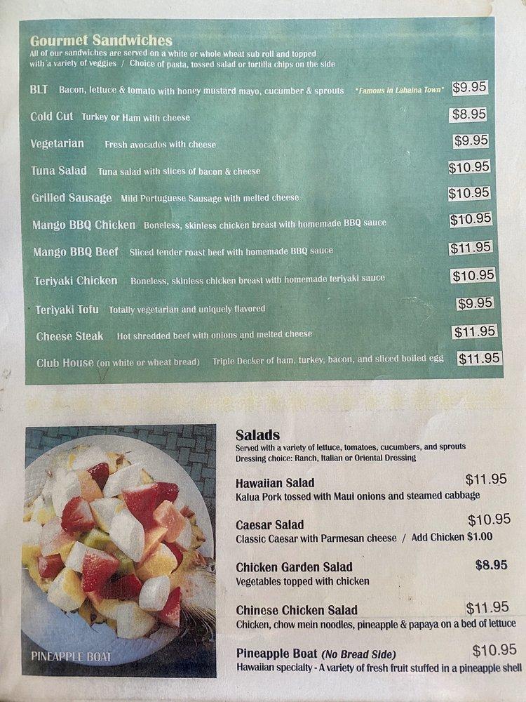Menu at Sunrise Cafe, Lahaina