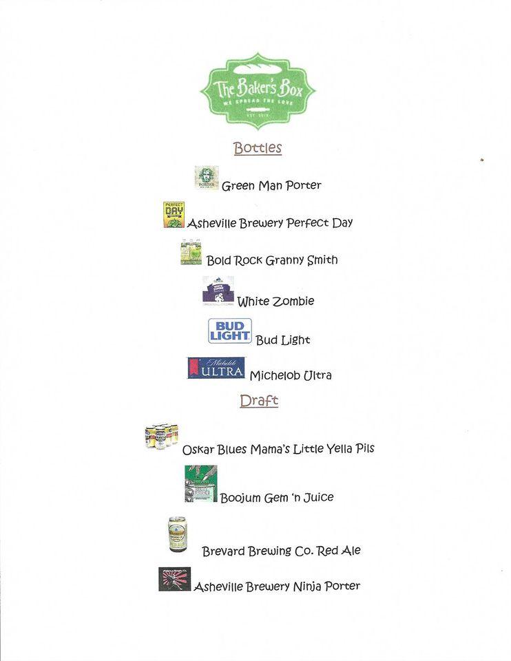 Menu at The Baker's Box restaurant, Hendersonville