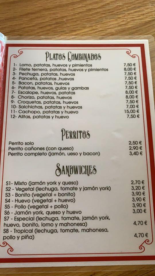Carta de Bar Y Restaurante Los Cañones, La Cavada