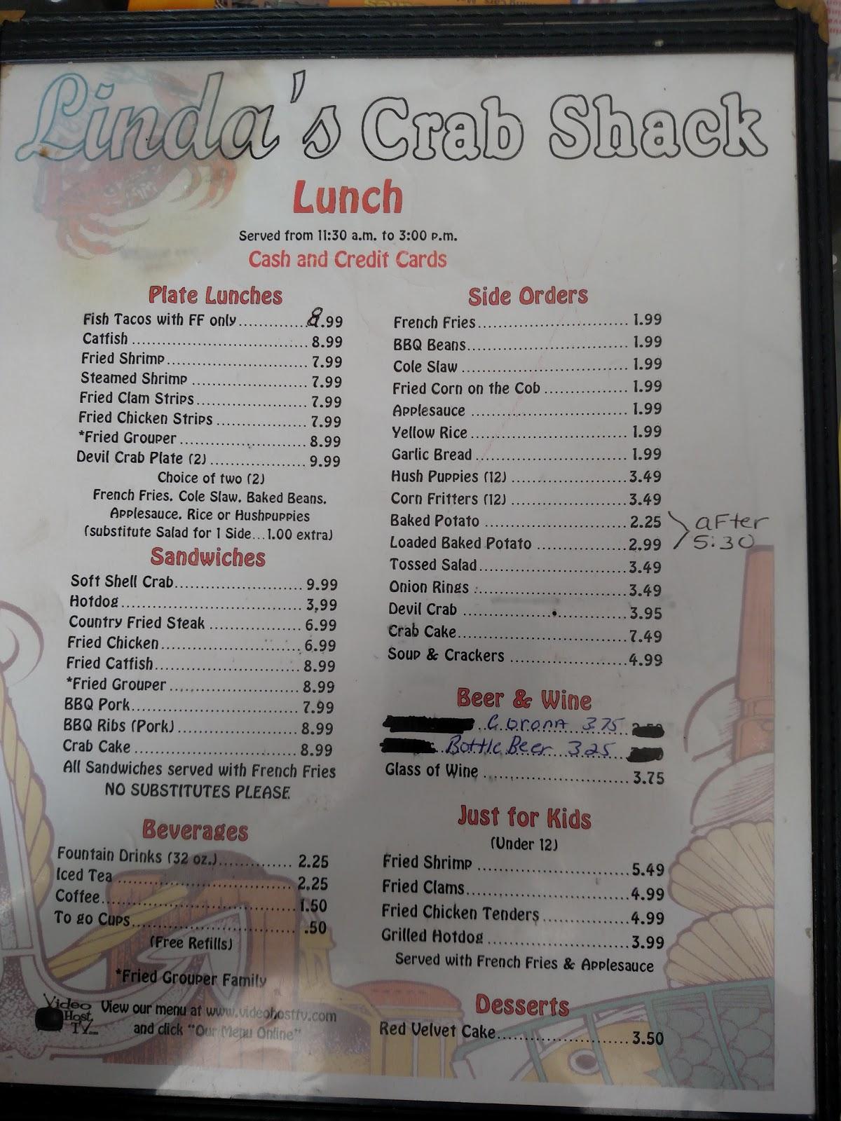 Menu at Linda's Crab Shack restaurant, Plant City