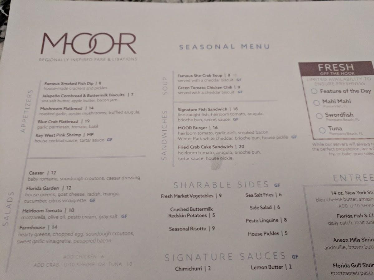 Menu at MOOR restaurant, Kissimmee
