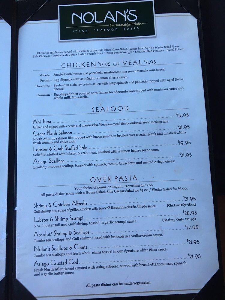 Menu at Nolan's steakhouse, Canandaigua