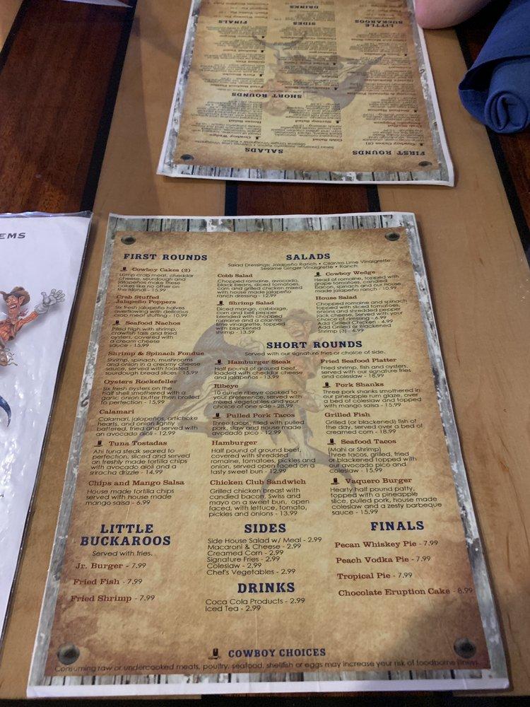 Menu at Blue Water Cowboy Saloon & Mercantile pub & bar, Port Aransas