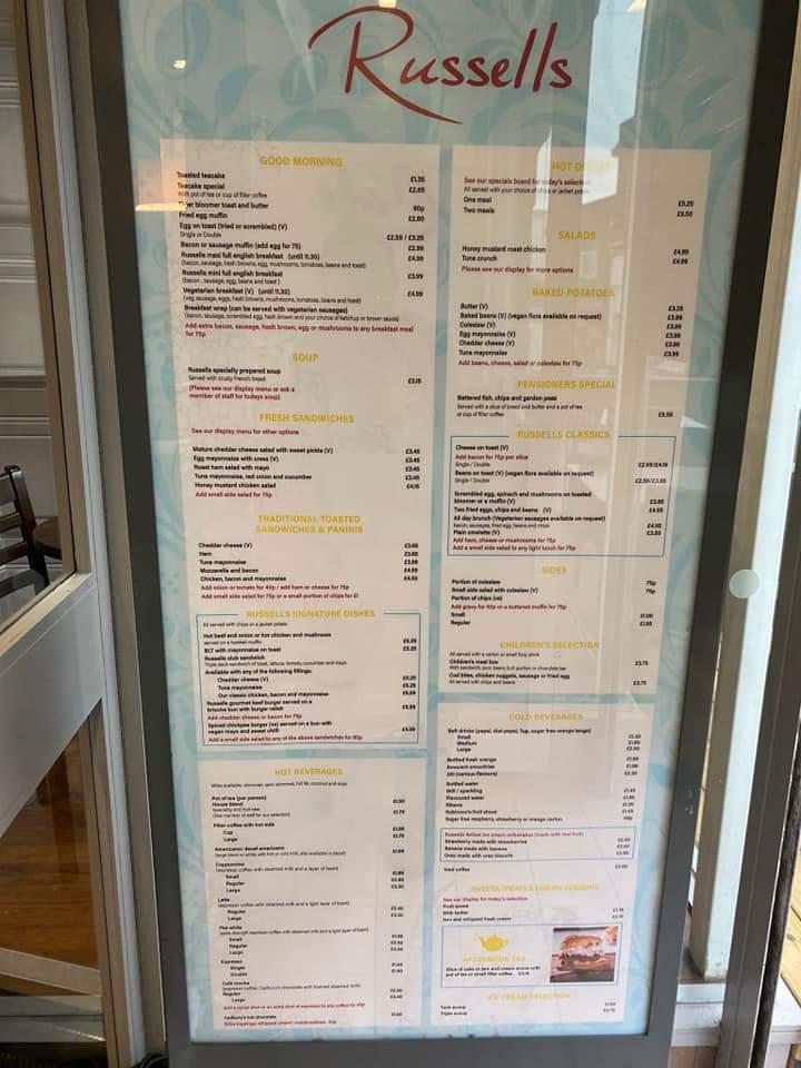 Menu at Russells cafe, Rochdale
