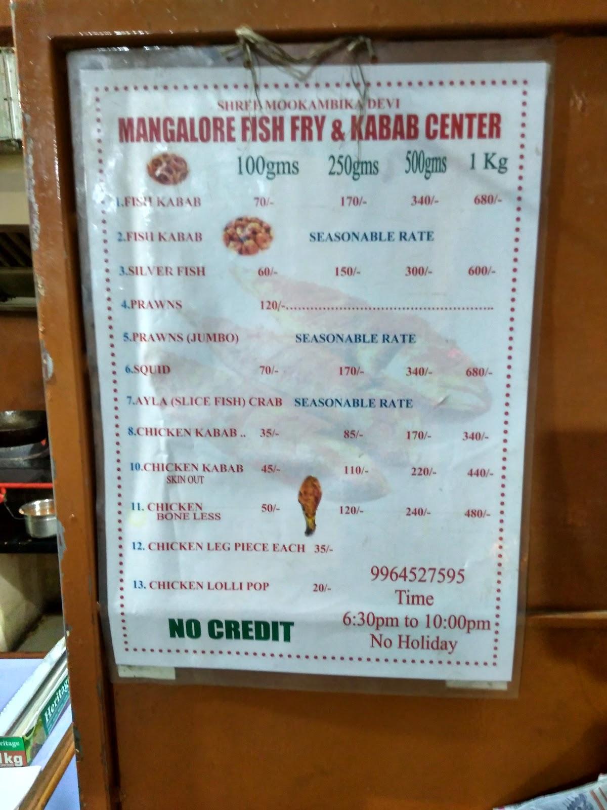 Menu at Mangalore Kabab Centre, Bengaluru